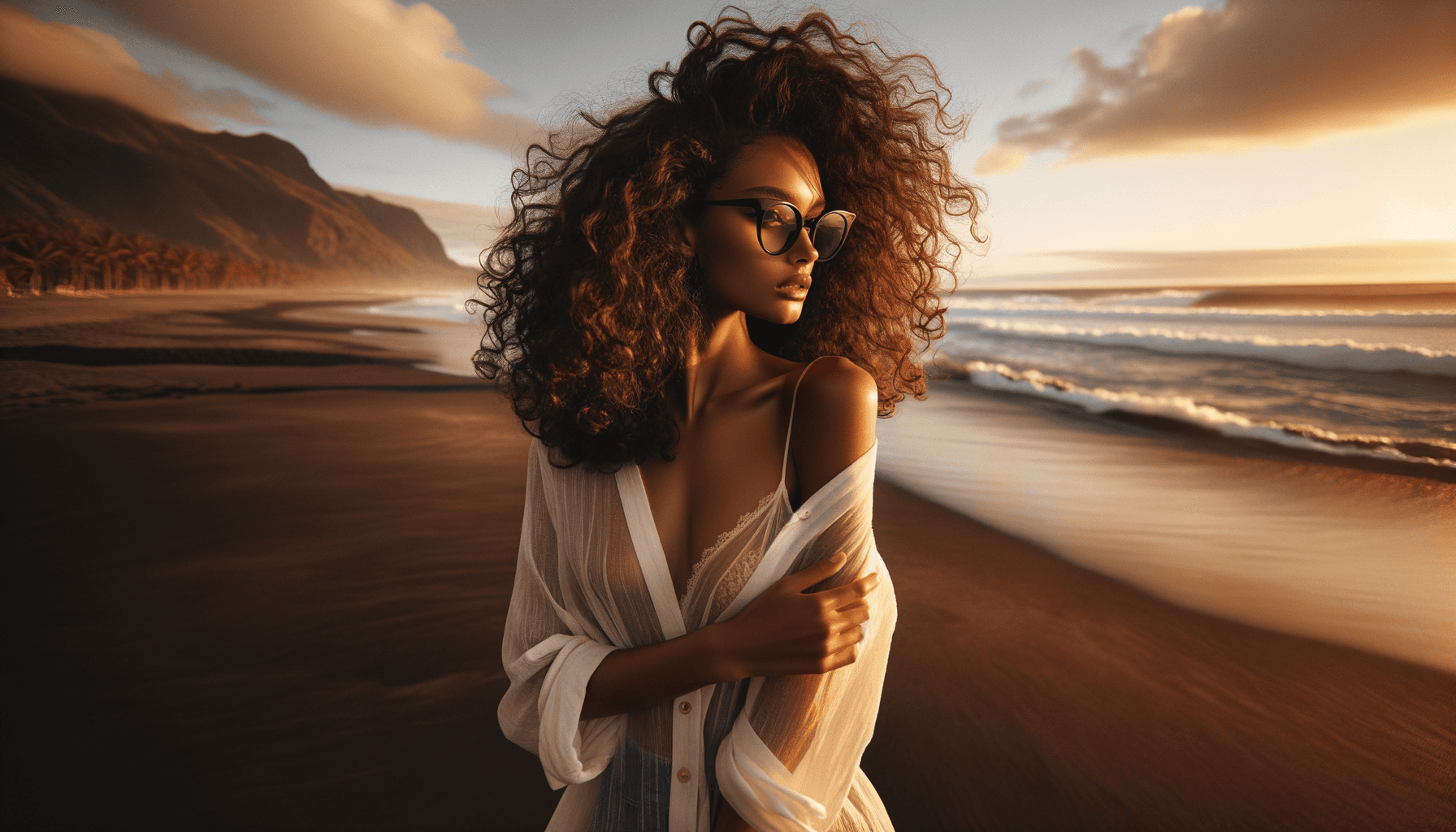 Femme réunionnaise portant des lunettes Milore au coucher de soleil sur la plage de Grand Anse